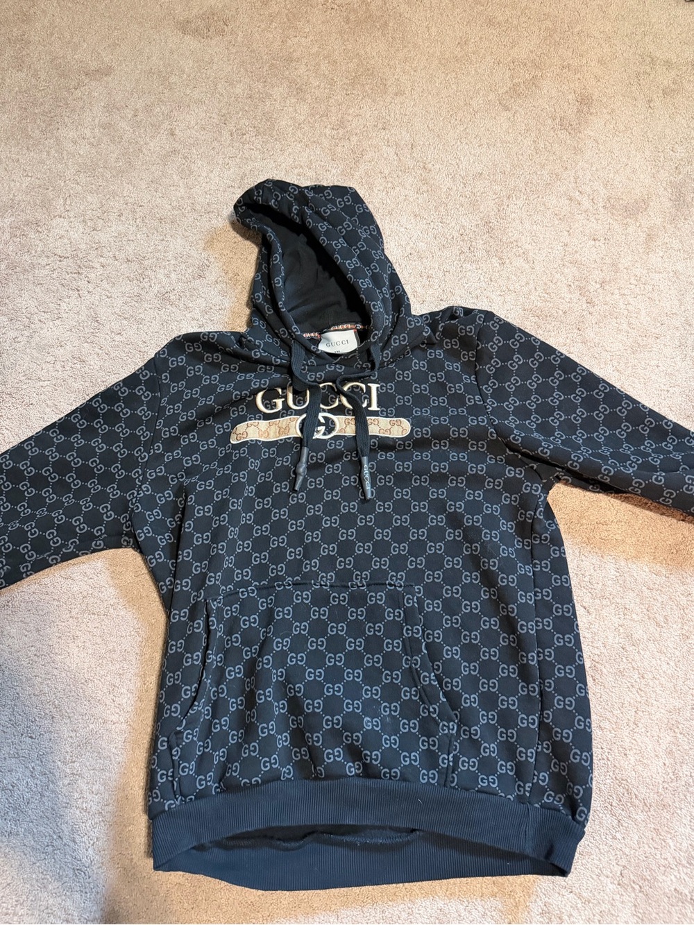 Gucci Black All-Over Monogram Crewneck Hoodie with Beige Logo Stripe